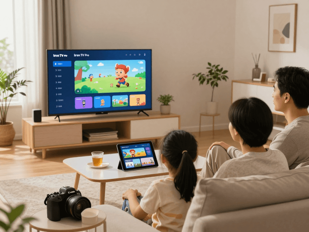 Vision d'une famille profitant de Iron TV Pro sur Smart TV dans un salon confortable
