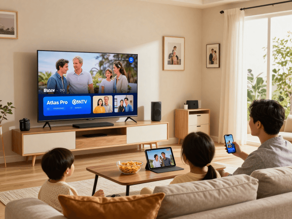 Découvrez l'expérience de streaming Atlas Pro 2026 dans un salon moderne avec une famille regardant la télévision.