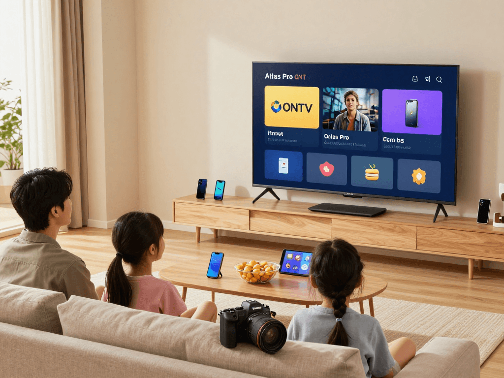 Vue d'une famille profitant d'Atlas Pro ONTV sur un grand téléviseur dans un salon accueillant.